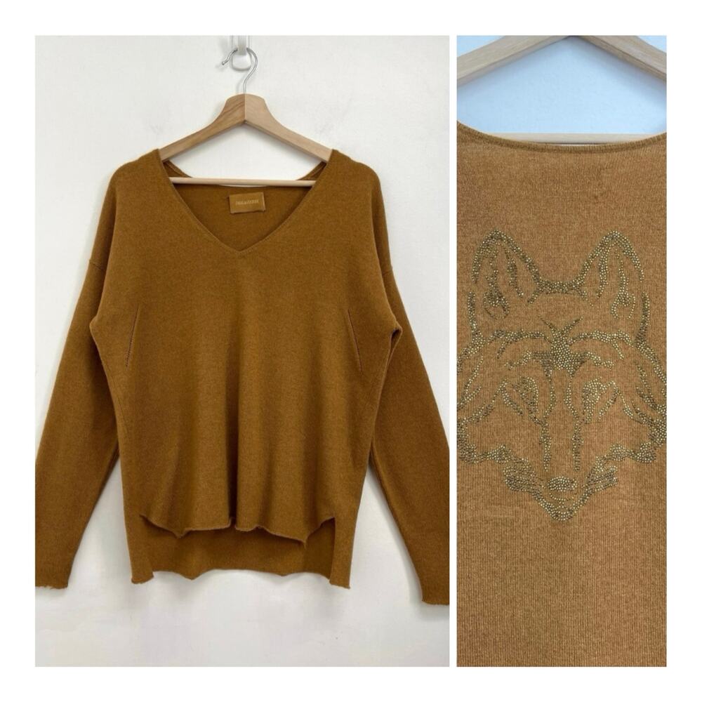 Zadig & Voltaire Cashmere Fox Logo Studded Rhinestone V-Neck Sweater - Medium*